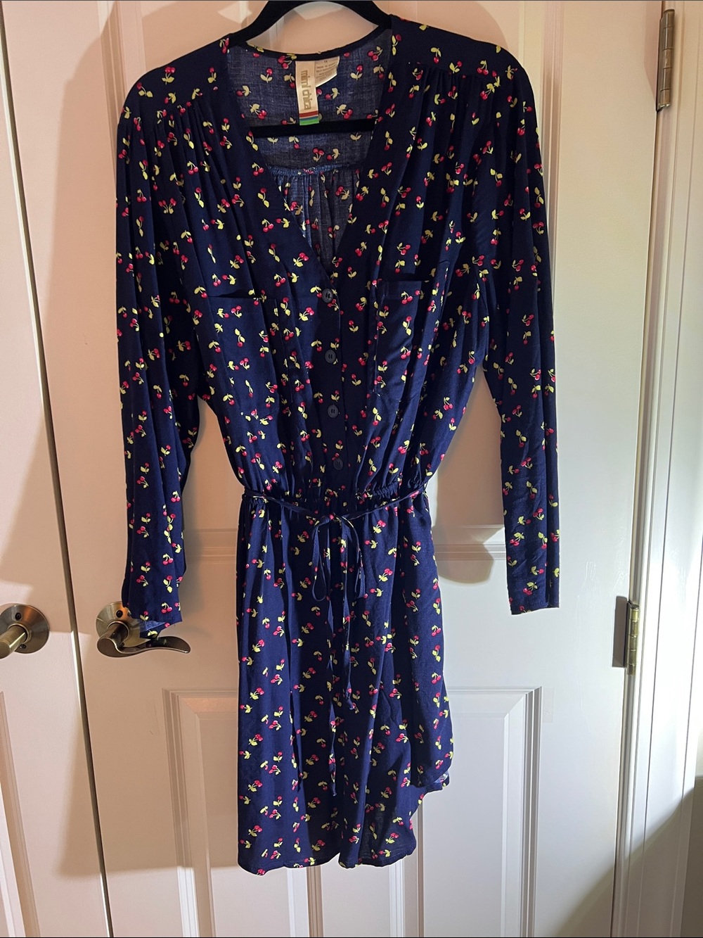 Navy Cherry Tie-Waist Long Sleeve Dress